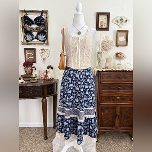 vintage dainty prairie floral patchwork midi skirt w lace details